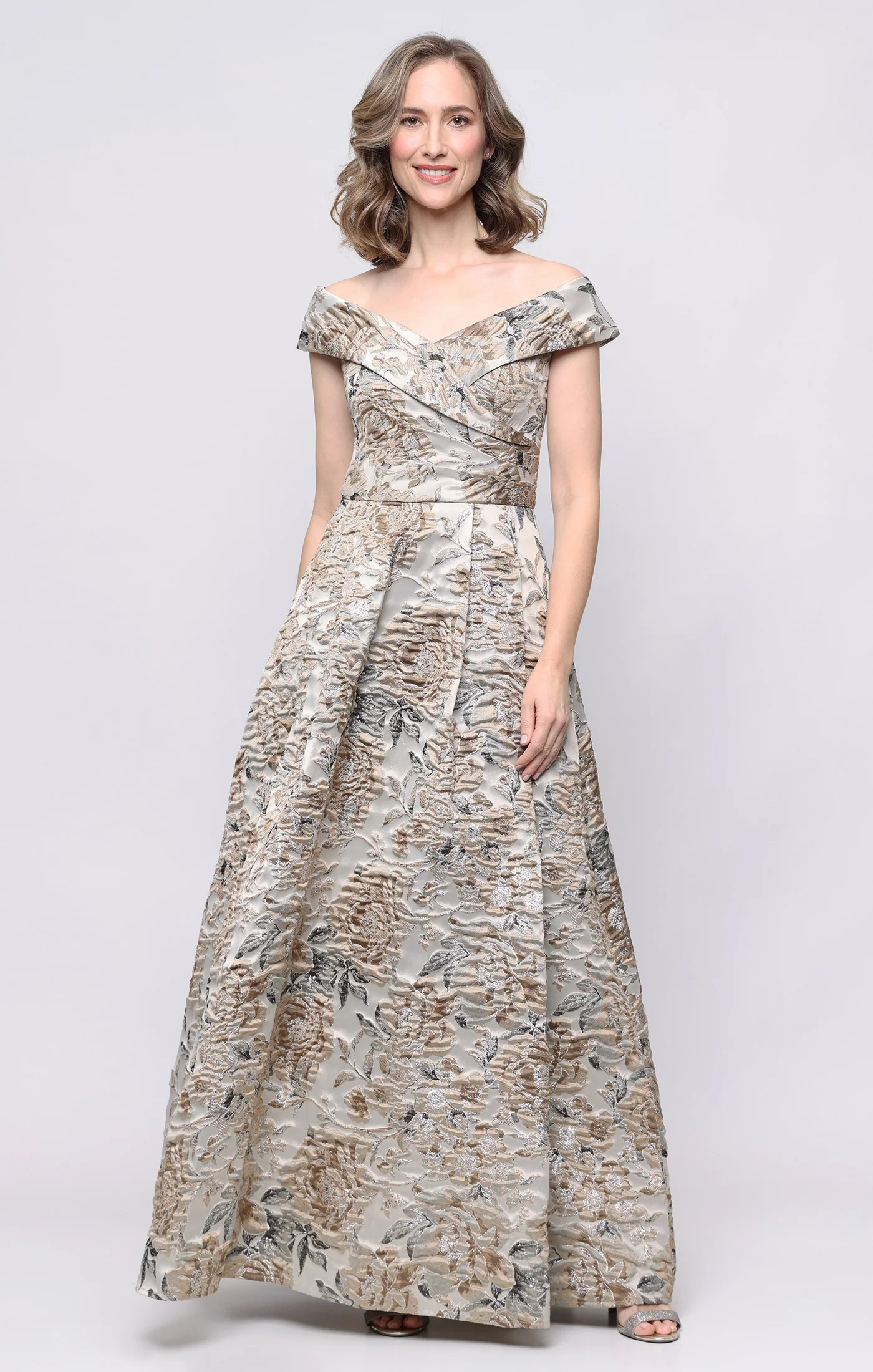 Long Jacquard Off the Shoulder Ballgown with Pockets