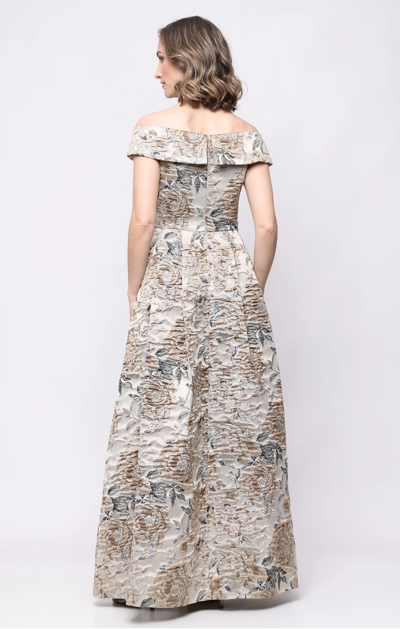 Long Jacquard Off the Shoulder Ballgown with Pockets - Image 3
