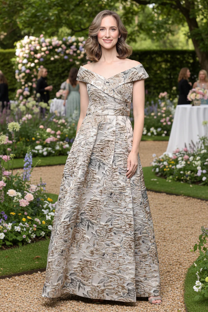 Long Jacquard Off the Shoulder Ballgown with Pockets - Image 4
