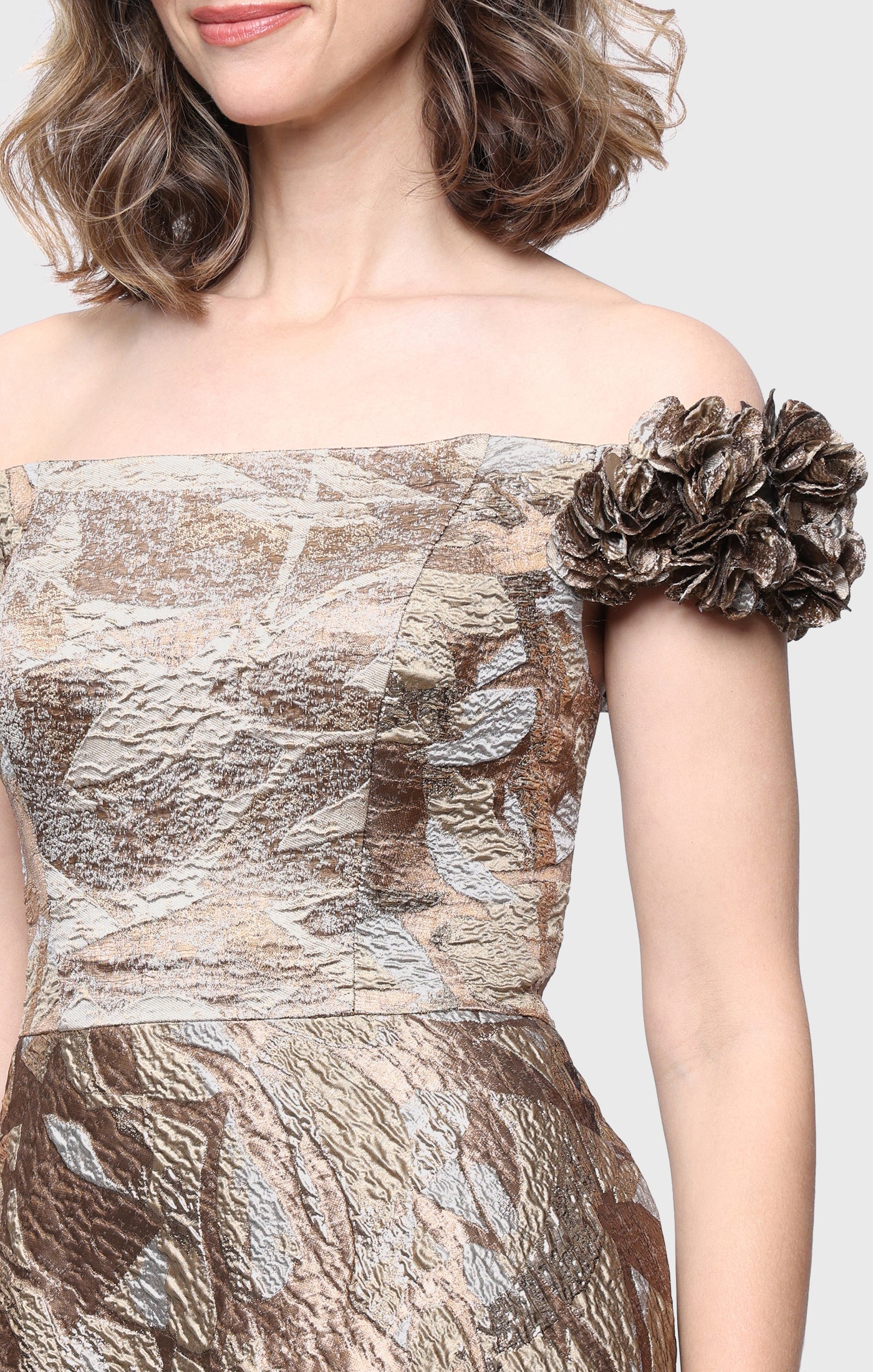 *Long Jacquard Off the Shoulder Dress with 3-D Flower Detail - Image 2