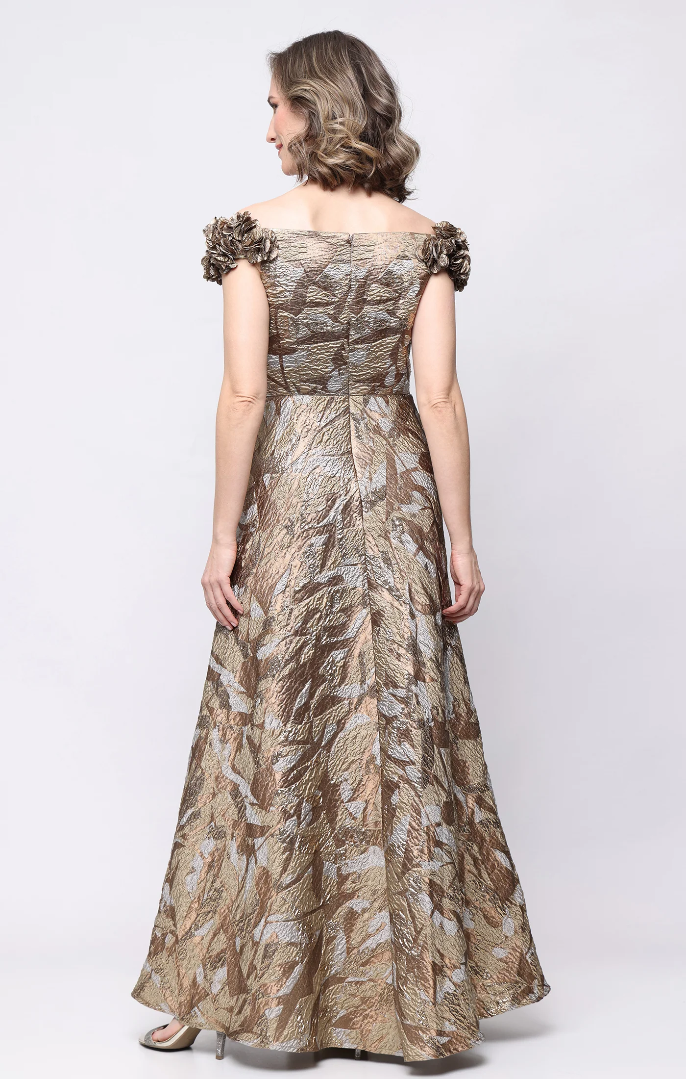 *Long Jacquard Off the Shoulder Dress with 3-D Flower Detail - Image 3