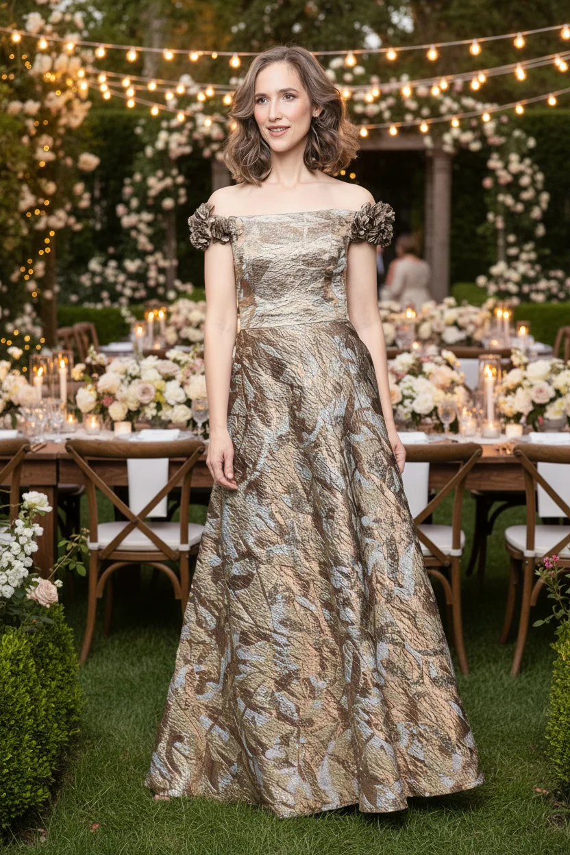 *Long Jacquard Off the Shoulder Dress with 3-D Flower Detail - Image 4