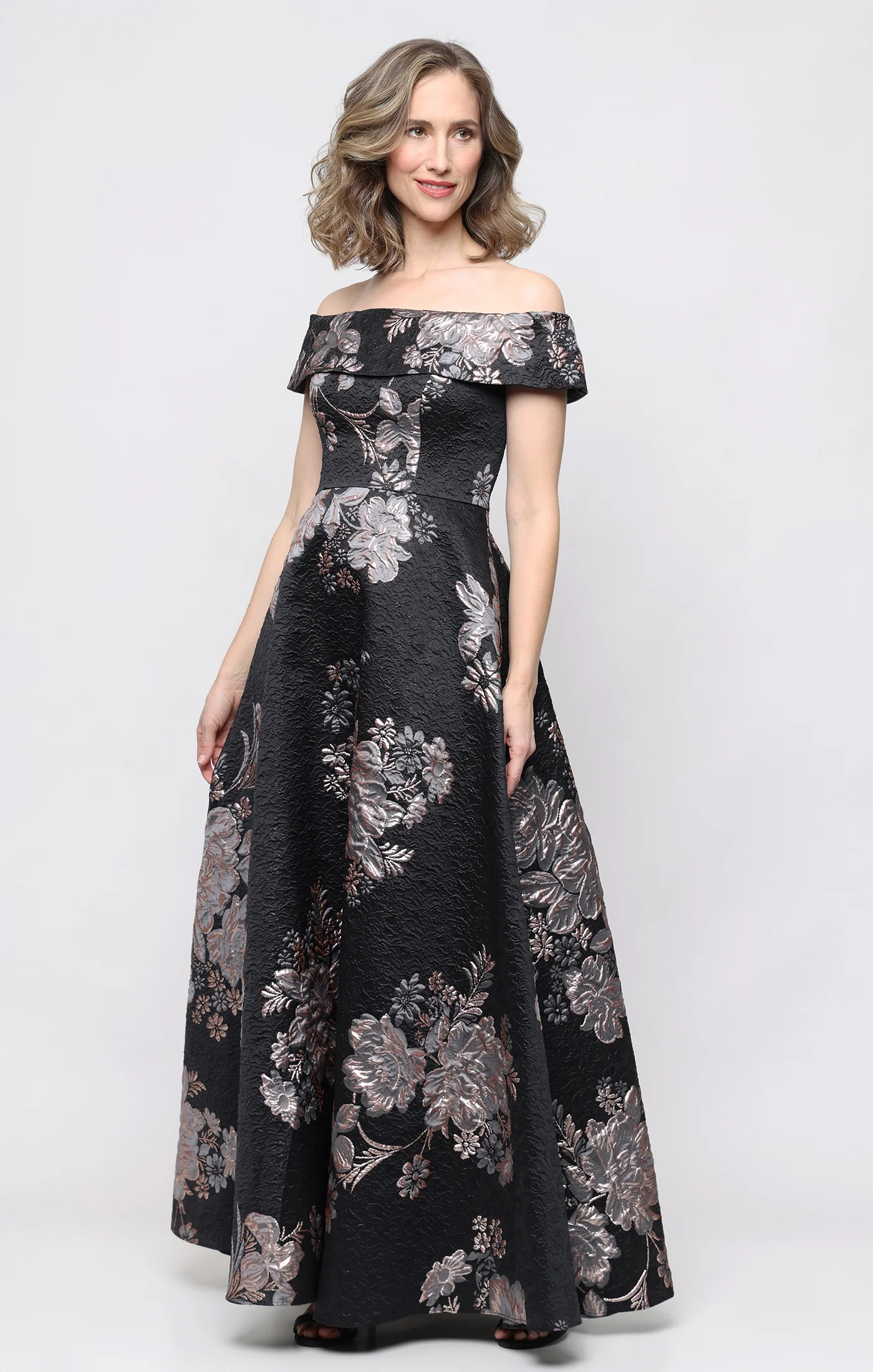 *Long Jacquard Off the Shoulder Gown with Foldover Neckline