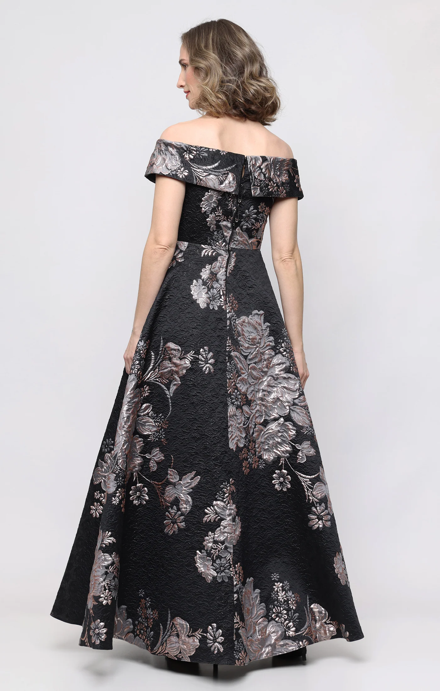 *Long Jacquard Off the Shoulder Gown with Foldover Neckline - Image 3
