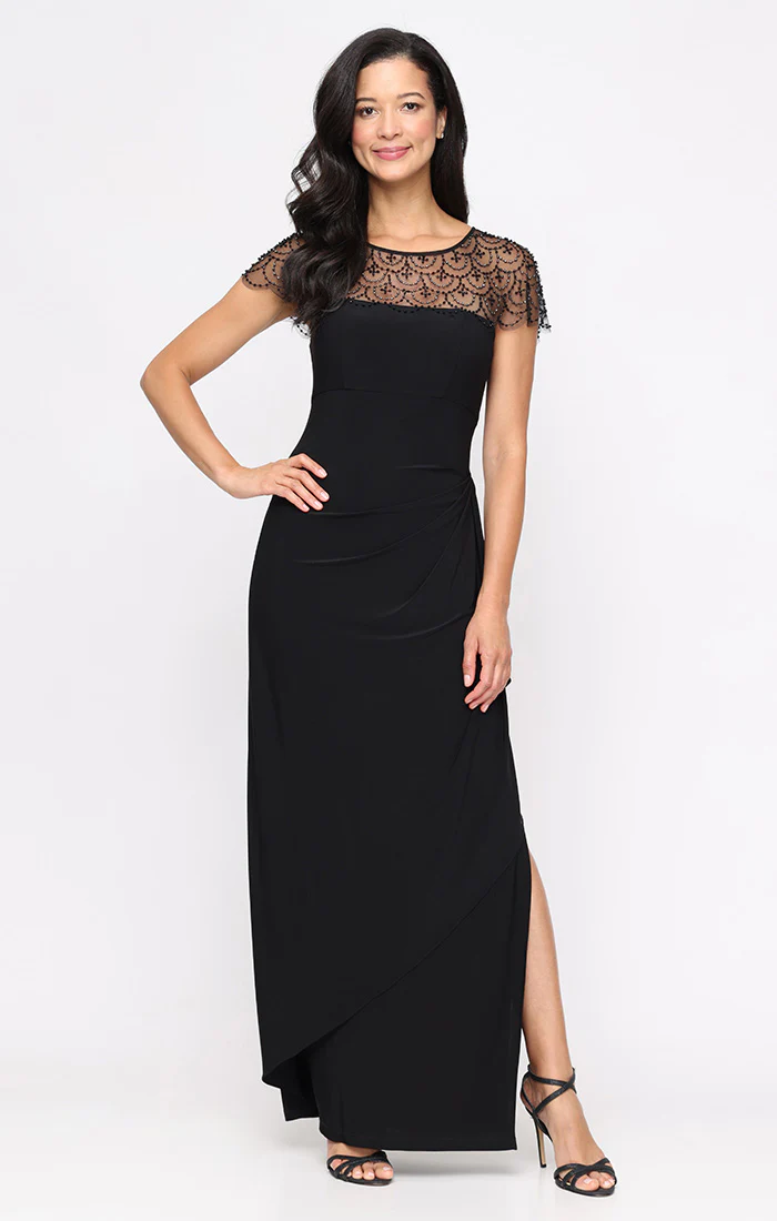 Regular - Matte Jersey Dress with Cascade Ruffle Skirt & Illusion Neckline