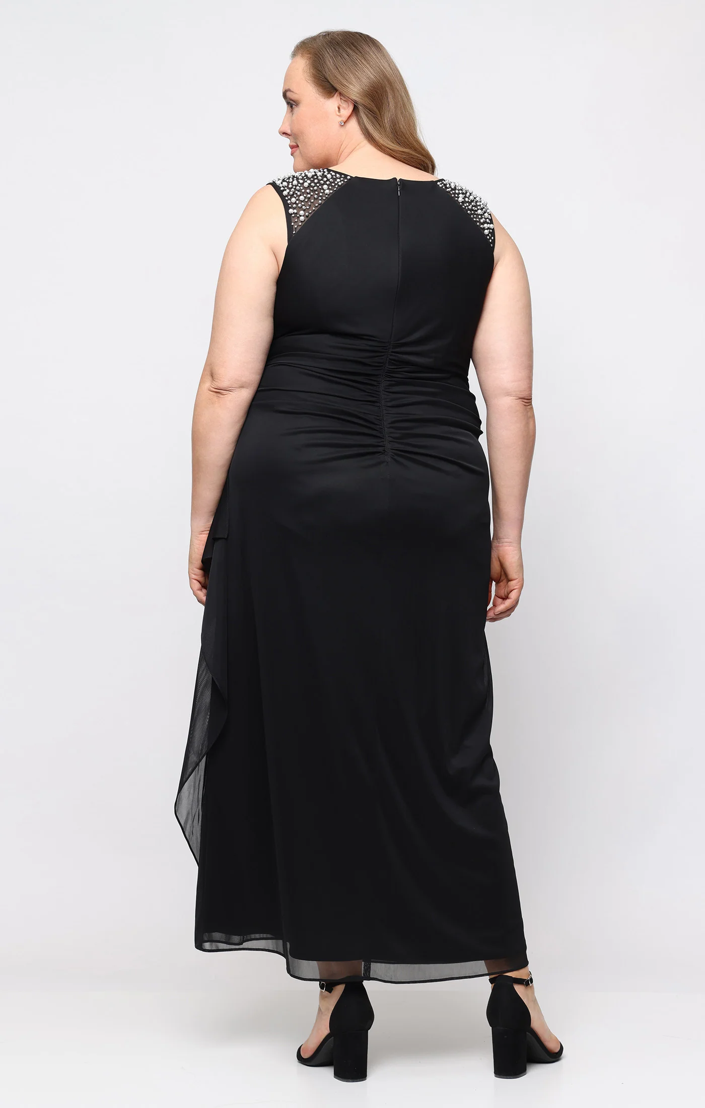 Plus Long Mesh Empire Waist Dress with Cascade Overlay Skirt - Image 3