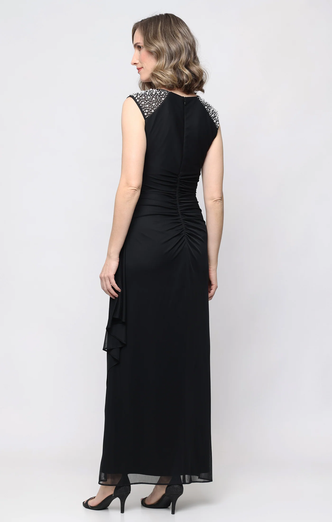 Long Mesh Empire Waist Dress with Cascade Overlay Skirt - Image 3