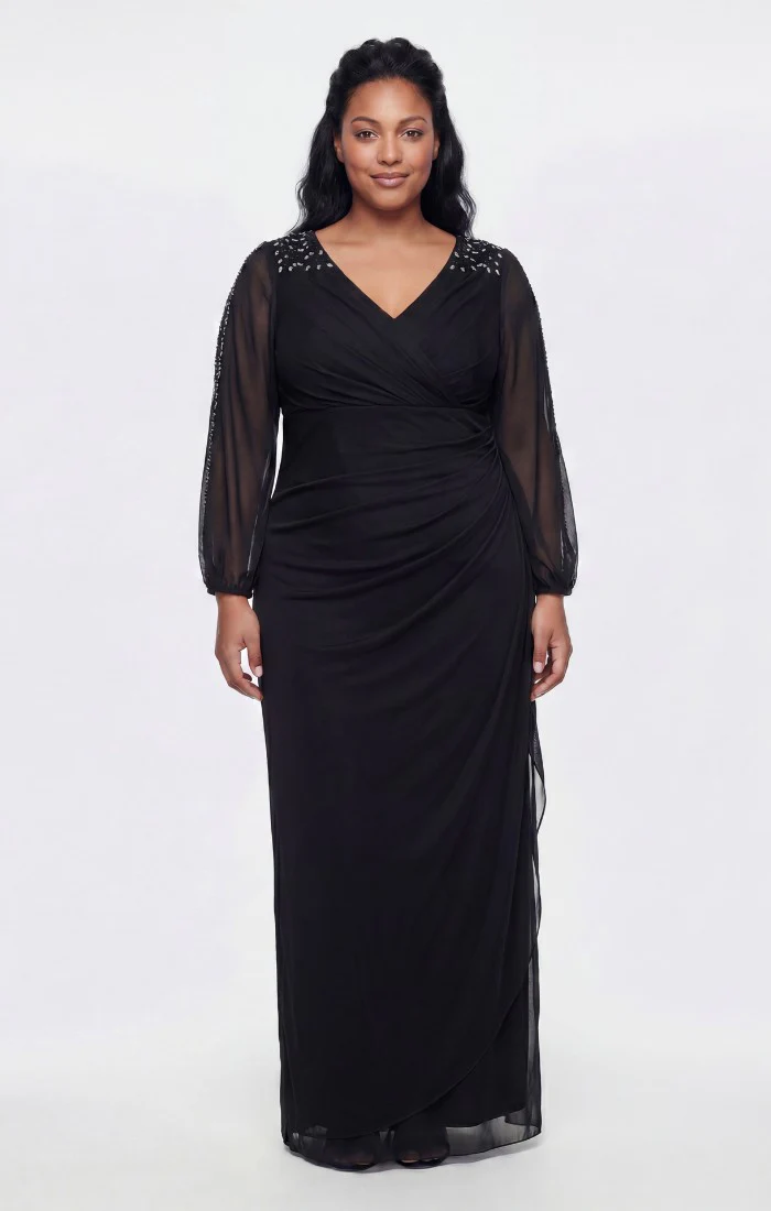 Long Mesh Empire Waist Dress with Sleeve Detail