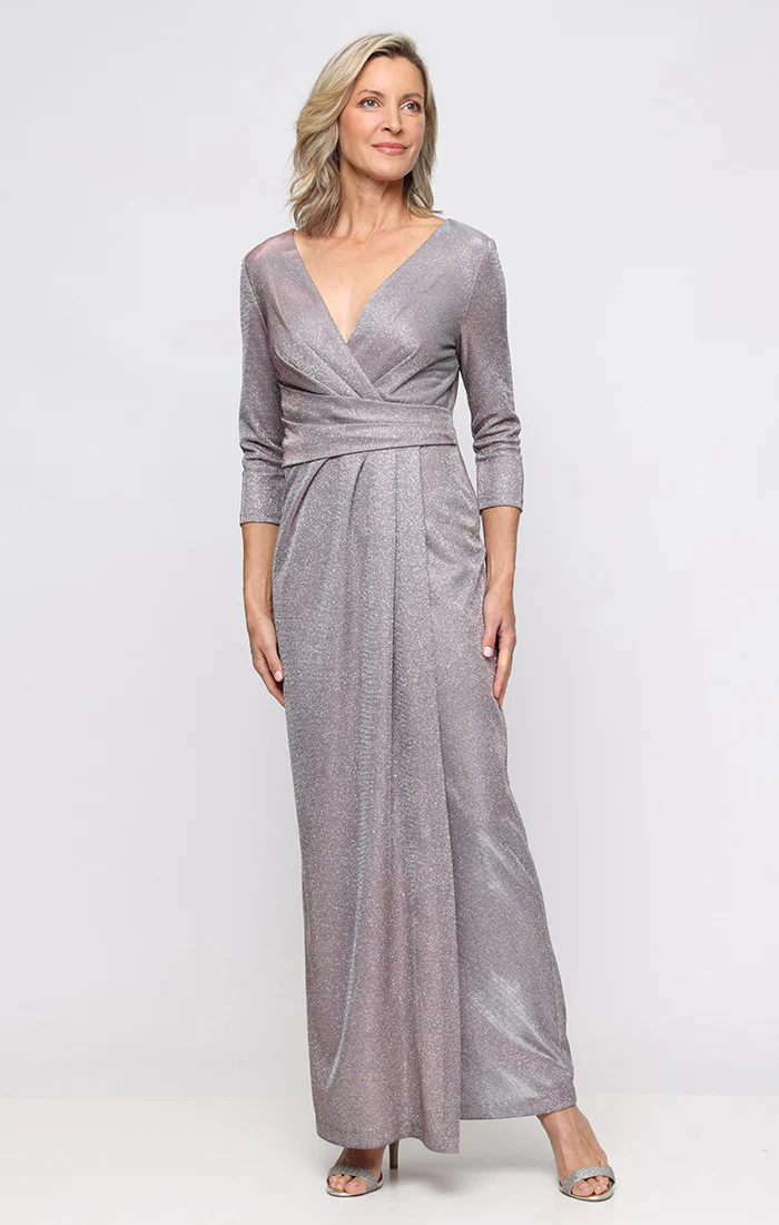*Metallic Knit Dress with Surplice Neckline and Ruched Waist Detail