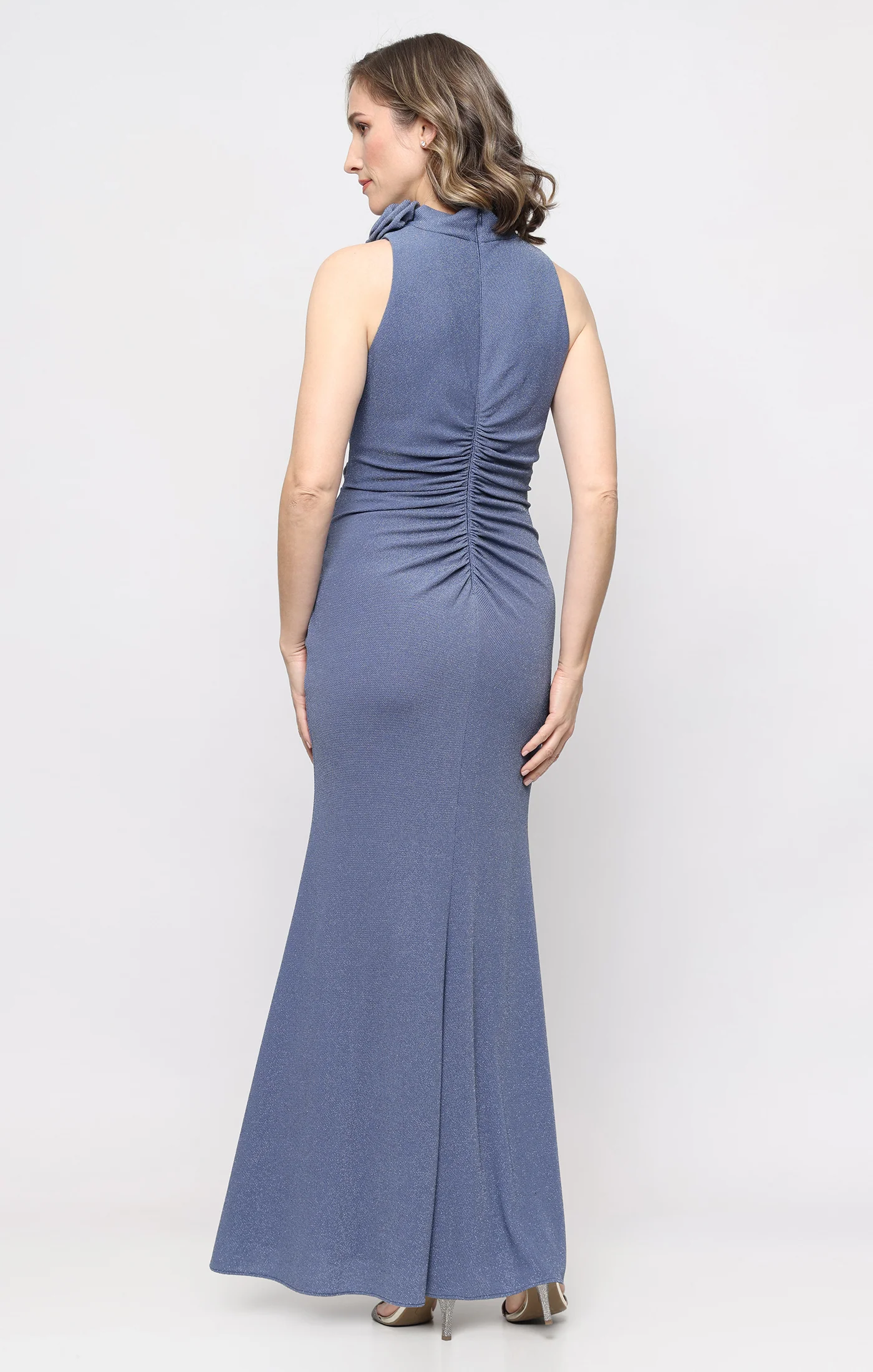 Petite Metallic Knit Halter Dress with Flower Detail - Image 3