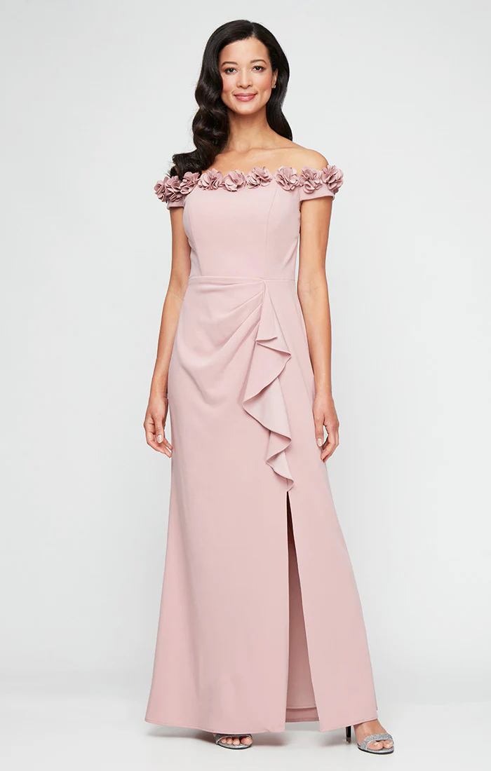 *Long Off the Shoulder Dress With 3D Flower Neckline and Front Slit