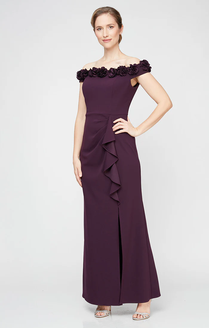 *Long Off the Shoulder Dress With 3D Flower Neckline and Front Slit - Image 10