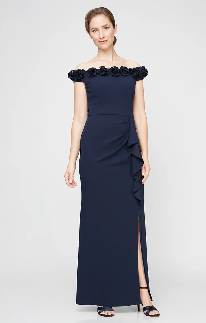 *Long Off the Shoulder Dress With 3D Flower Neckline and Front Slit - Image 13