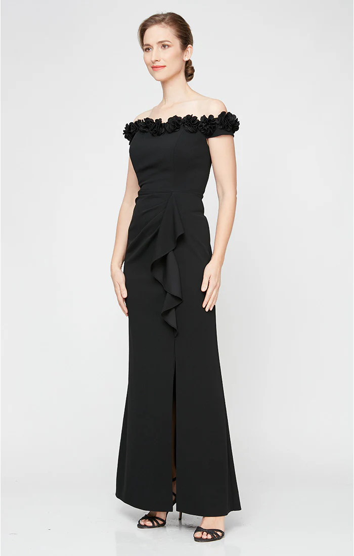 *Long Off the Shoulder Dress With 3D Flower Neckline and Front Slit - Image 14