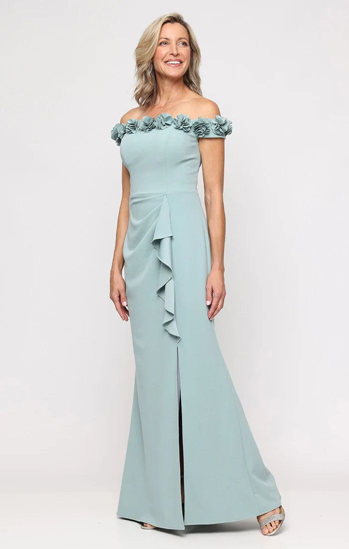 *Long Off the Shoulder Dress With 3D Flower Neckline and Front Slit - Image 18