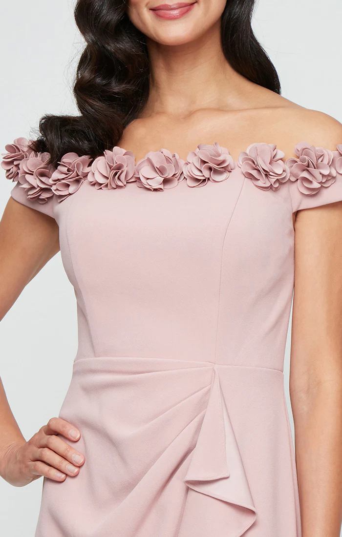 *Long Off the Shoulder Dress With 3D Flower Neckline and Front Slit - Image 2