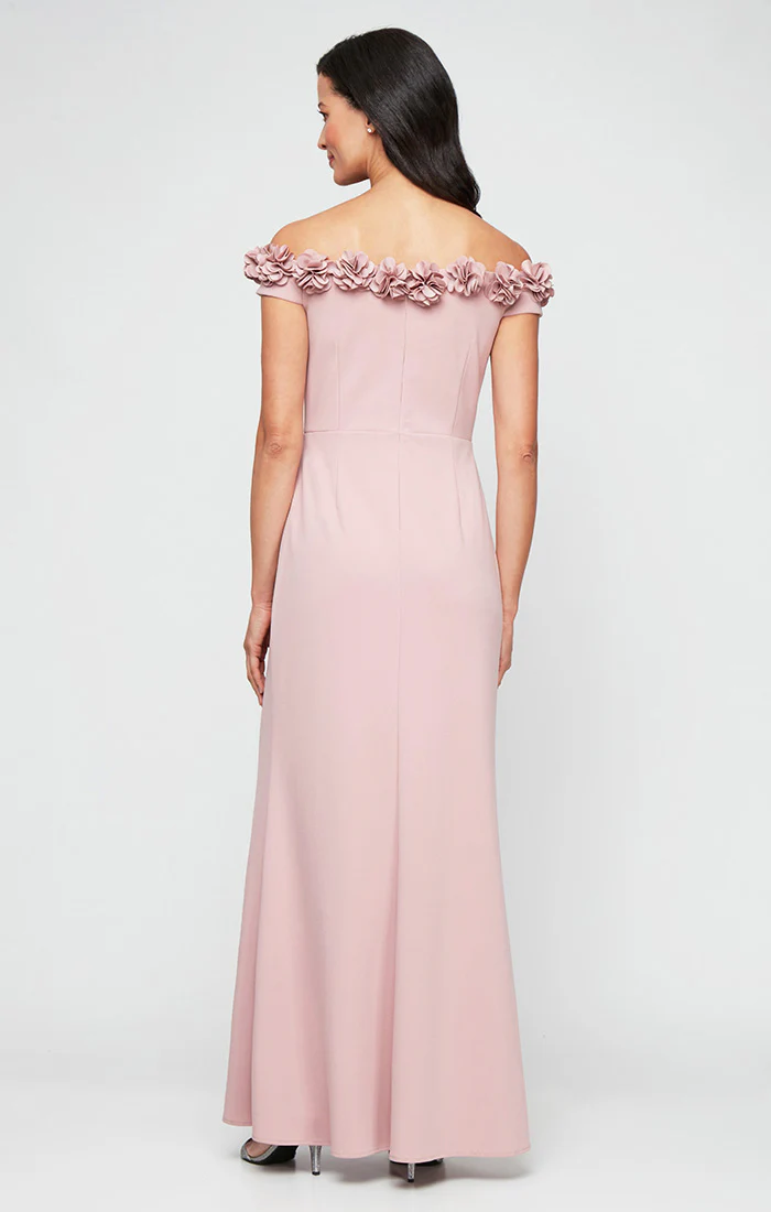 *Long Off the Shoulder Dress With 3D Flower Neckline and Front Slit - Image 3