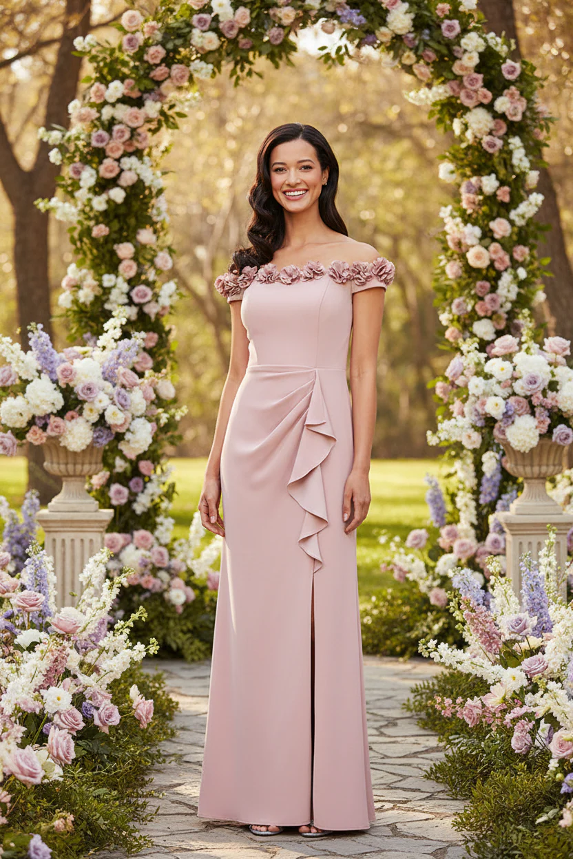 *Long Off the Shoulder Dress With 3D Flower Neckline and Front Slit - Image 4