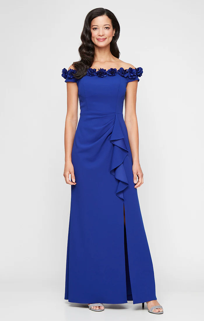 *Long Off the Shoulder Dress With 3D Flower Neckline and Front Slit - Image 5
