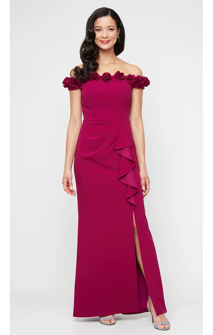 *Long Off the Shoulder Dress With 3D Flower Neckline and Front Slit - Image 7
