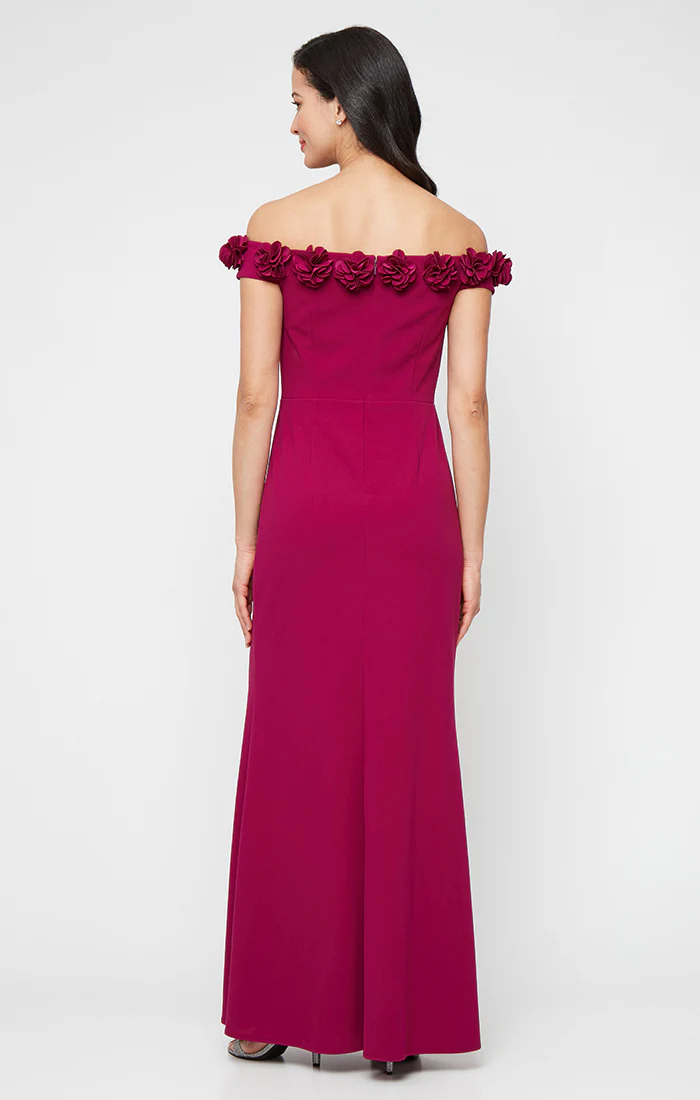 *Long Off the Shoulder Dress With 3D Flower Neckline and Front Slit - Image 9