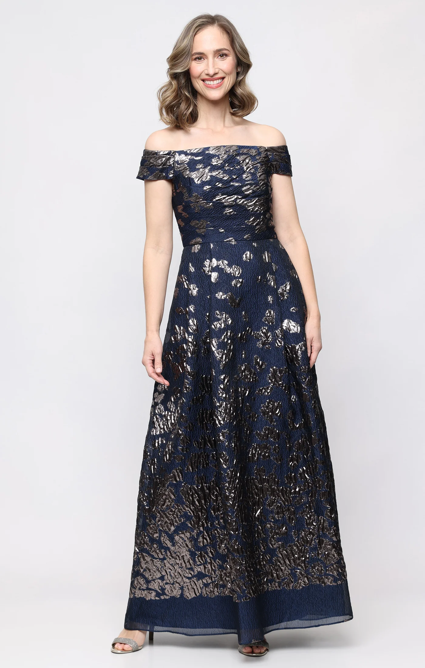 *Long Off the Shoulder Foil Jacquard Dress with Pleated Bodice Detail