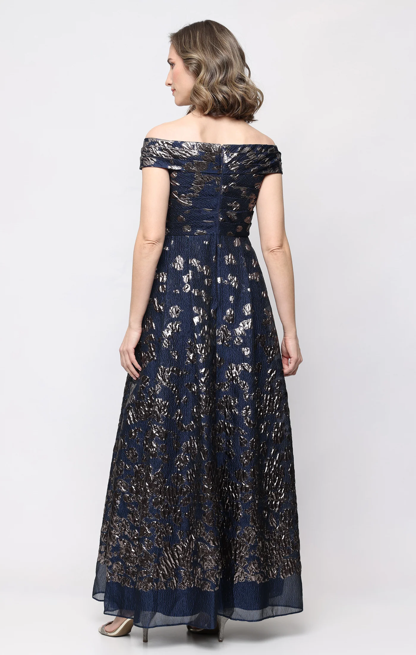 *Long Off the Shoulder Foil Jacquard Dress with Pleated Bodice Detail - Image 3