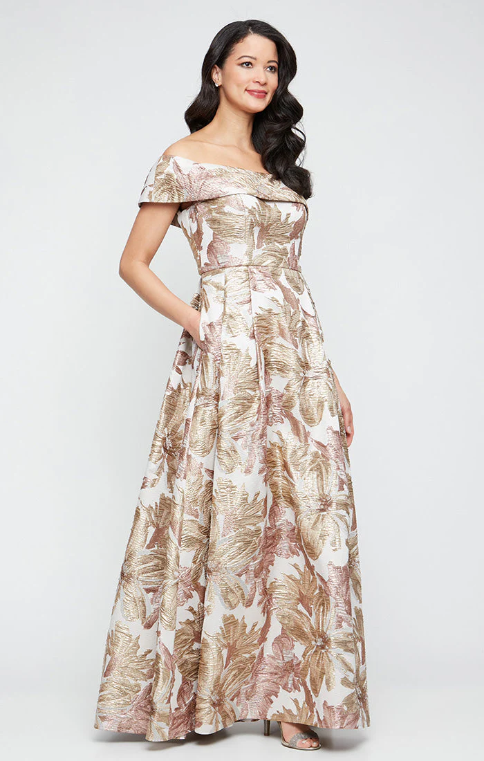 Off-the-Shoulder Metallic Floral Printed Jacquard Ballgown
