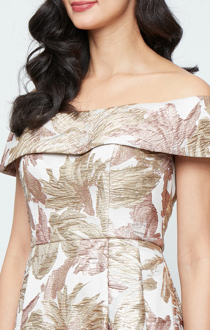 Off-the-Shoulder Metallic Floral Printed Jacquard Ballgown - Image 2