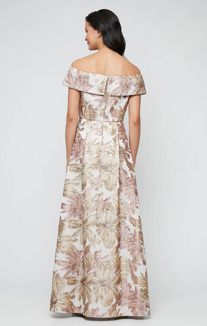 Off-the-Shoulder Metallic Floral Printed Jacquard Ballgown - Image 3