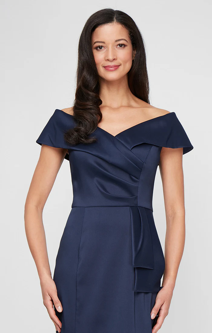*Long Off the Shoulder Mikado Dress with Sash Waist Detail - Image 5