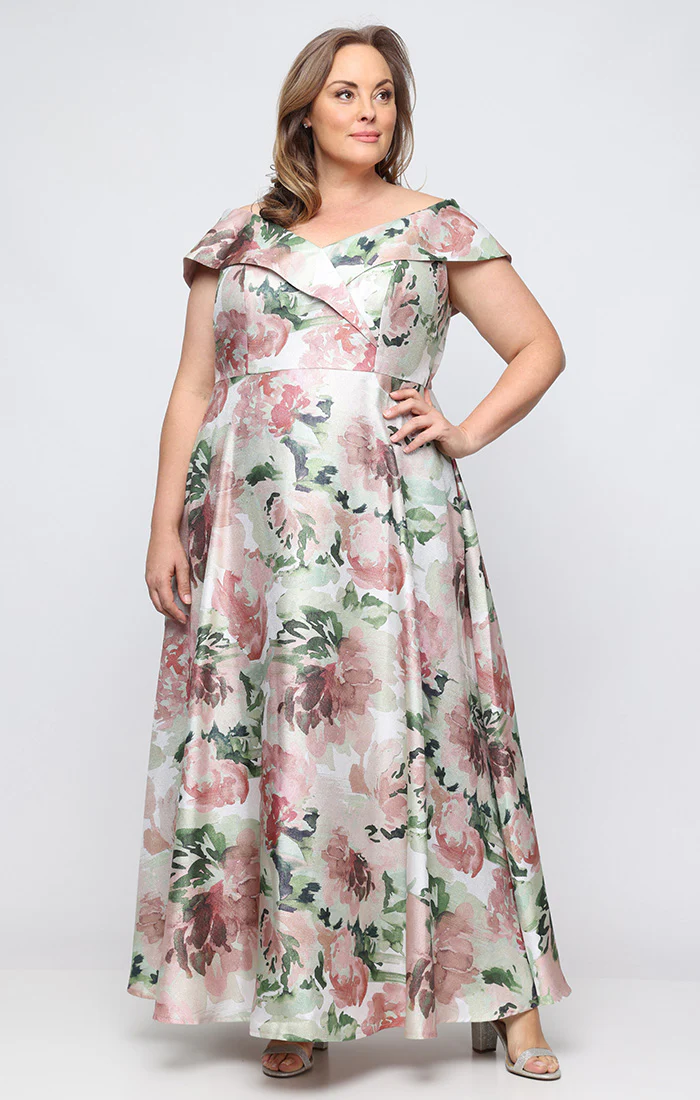 Plus Off the Shoulder Printed Shimmer Gown with Full Skirt