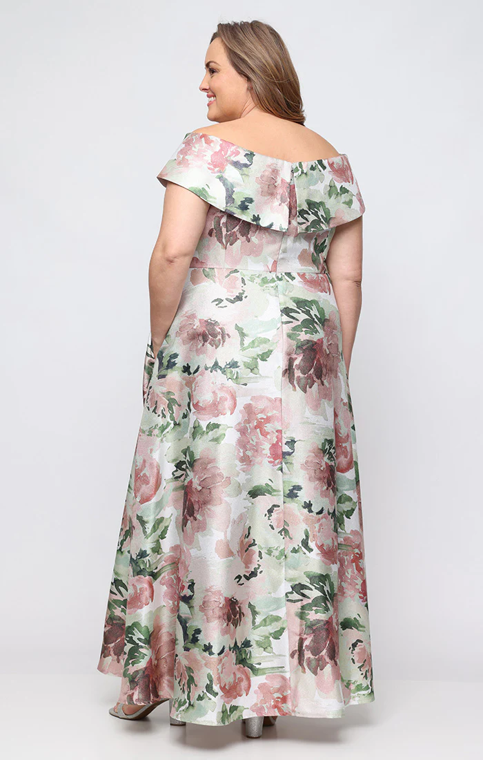 Plus Off the Shoulder Printed Shimmer Gown with Full Skirt - Image 3