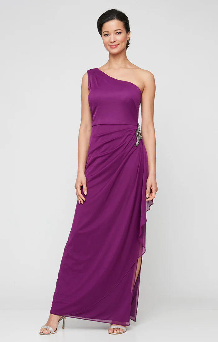 Regular - Long One Shoulder Dress with Beaded Hip Detail