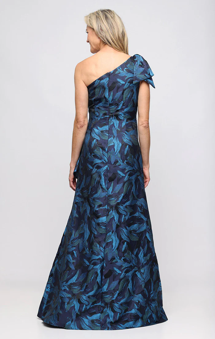 *Long One Shoulder Jacquard Dress with Bow Detail at Shoulder - Image 3
