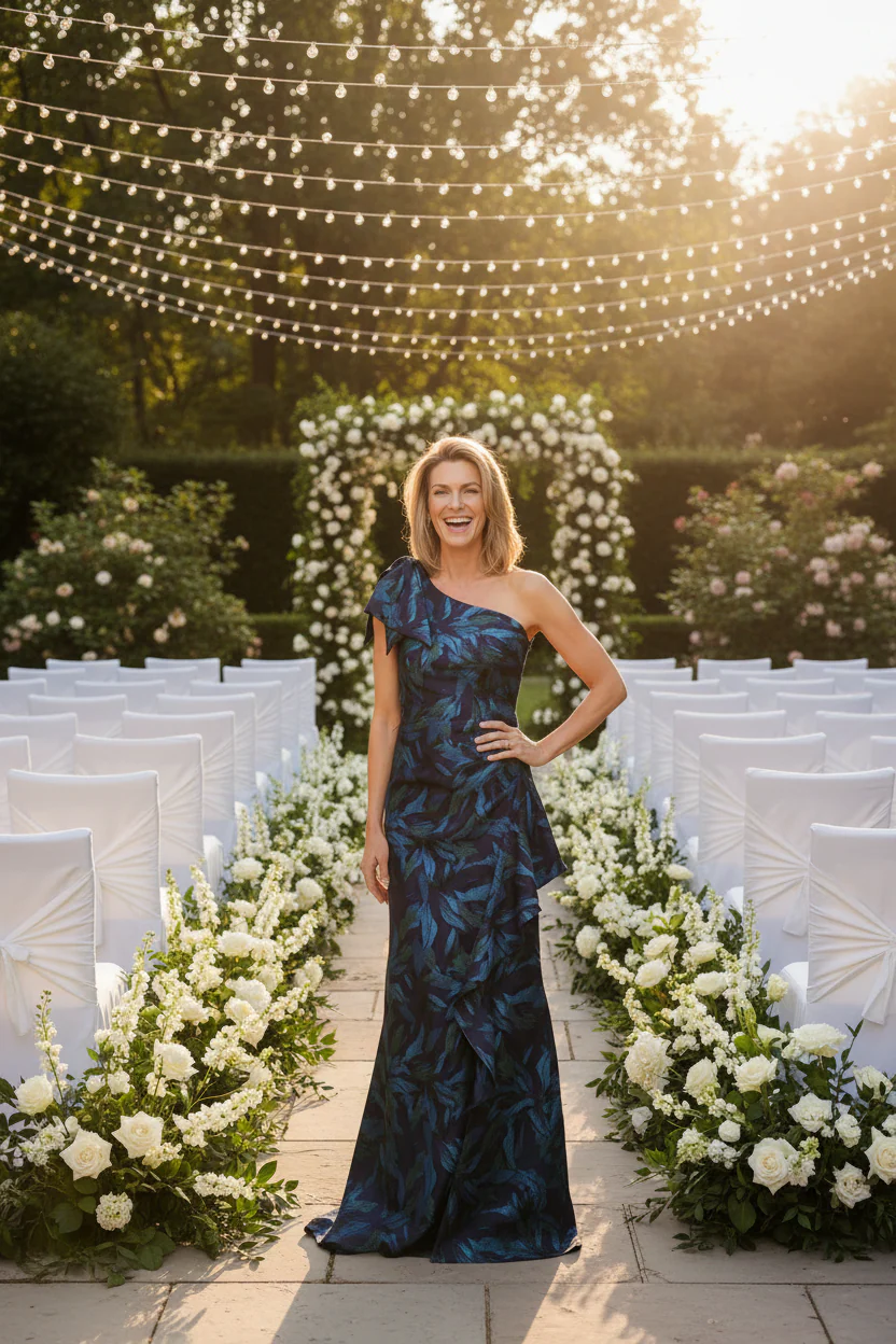 *Long One Shoulder Jacquard Dress with Bow Detail at Shoulder - Image 4