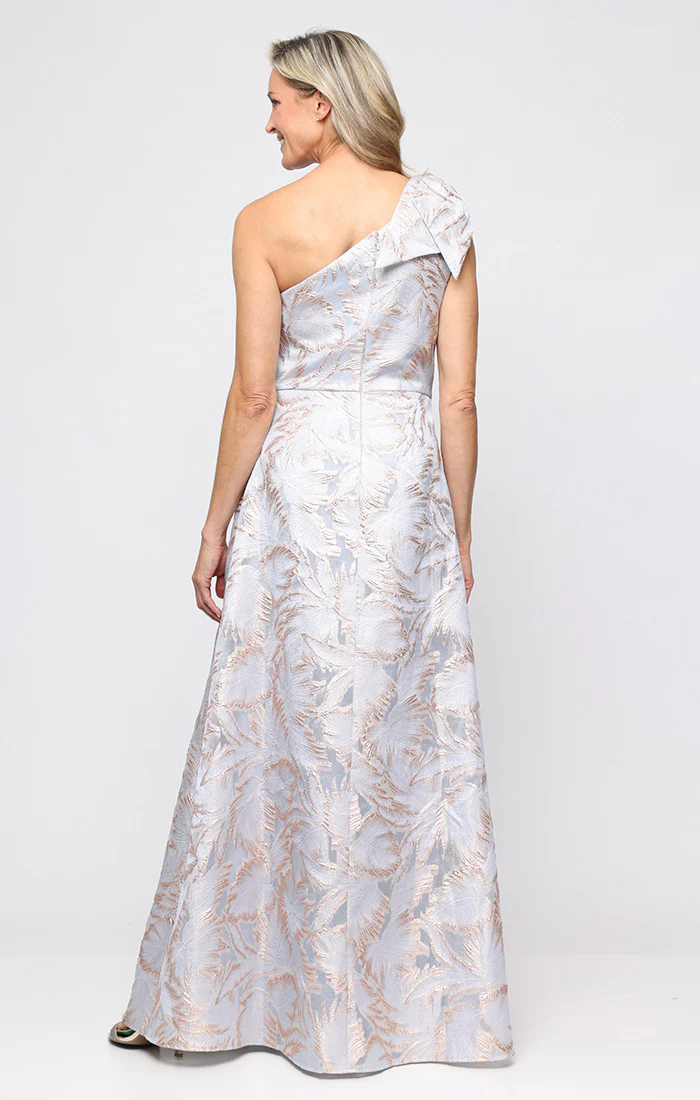 *Long One Shoulder Printed Jacquard Dress with Bow Detail at Shoulder - Image 3