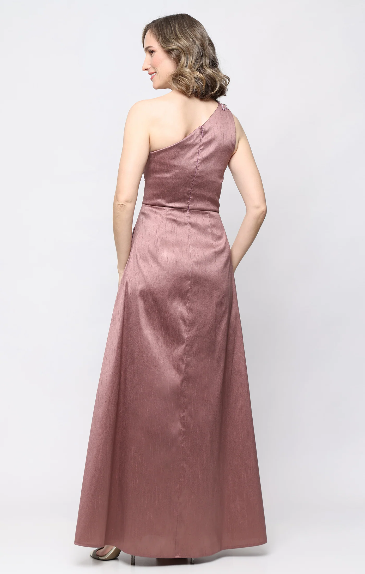 One Shoulder Shantung Dress with Beaded Detail - Image 3