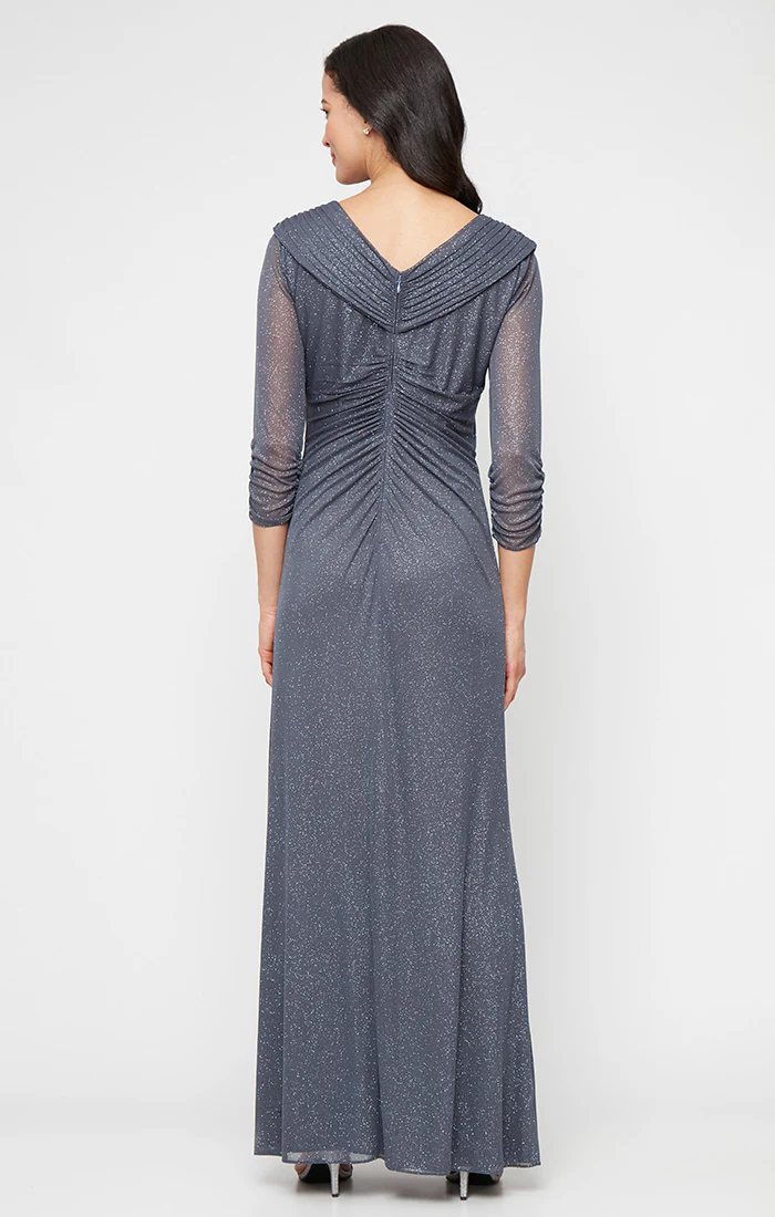 Portrait Collar Glitter Mesh Dress with Illusion Sleeves and Embellished Waist Detail - Image 3