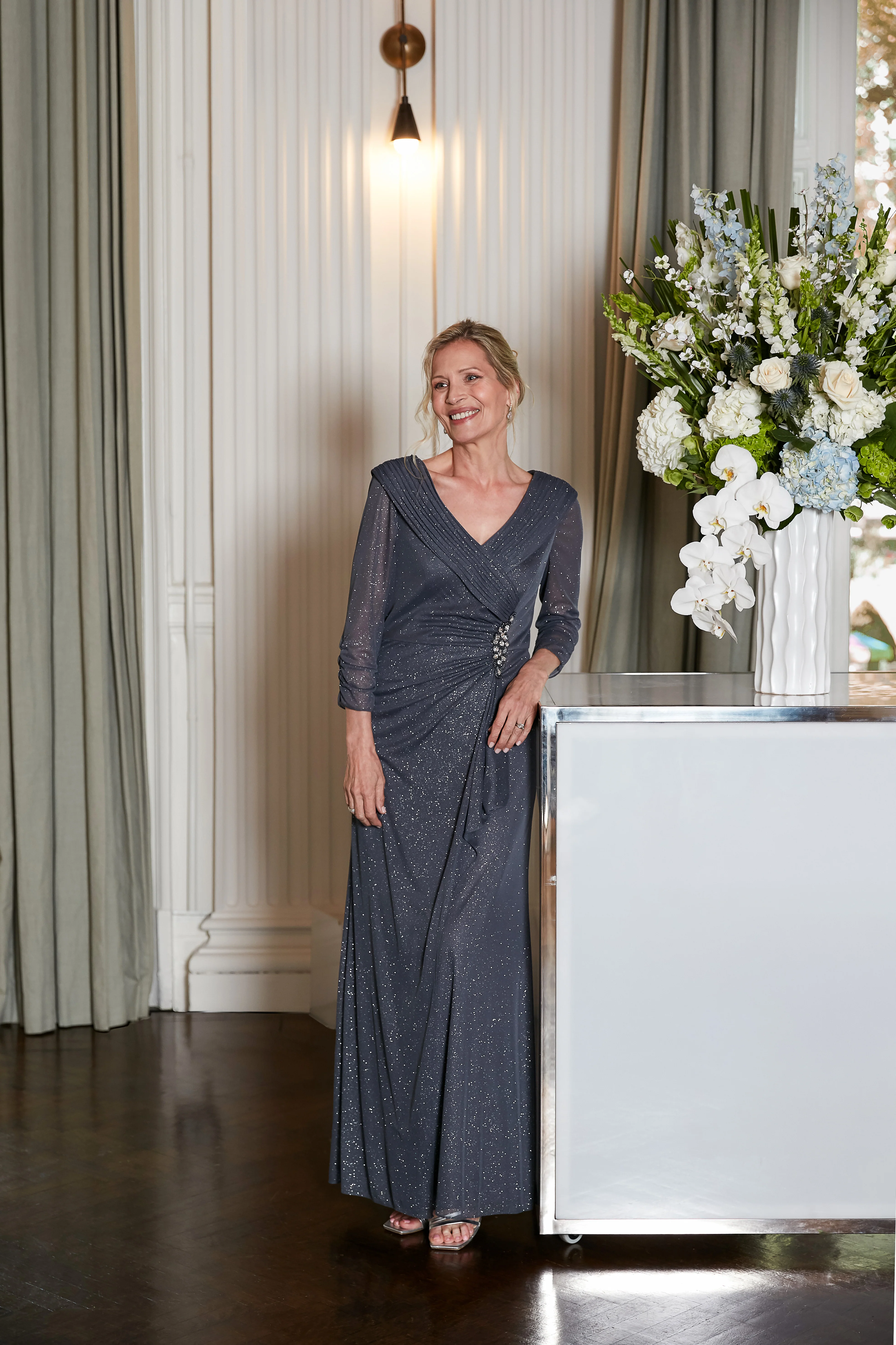 Portrait Collar Glitter Mesh Dress with Illusion Sleeves and Embellished Waist Detail - Image 4