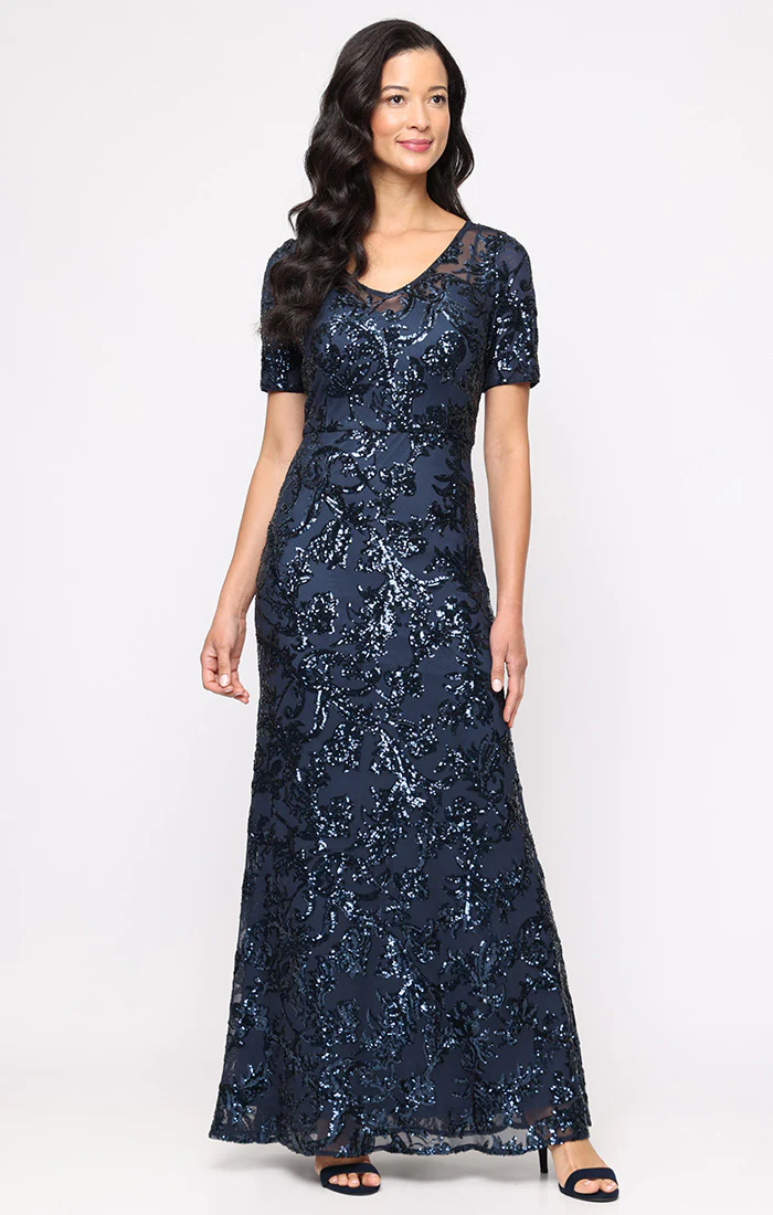 Regular - Sequin Gown with V-Neckline and Elbow Sleeves