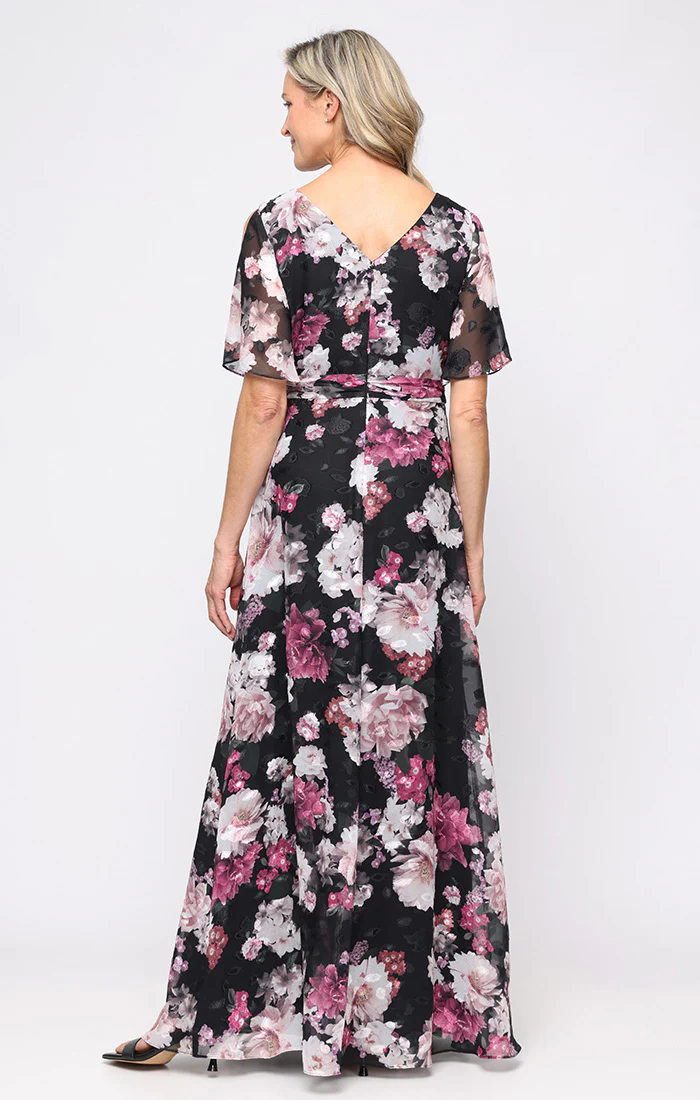 Plus - Chiffon Dress with V-Neckline, Empire Waist and Cold Shoulder Flutter Sleeves - Image 3