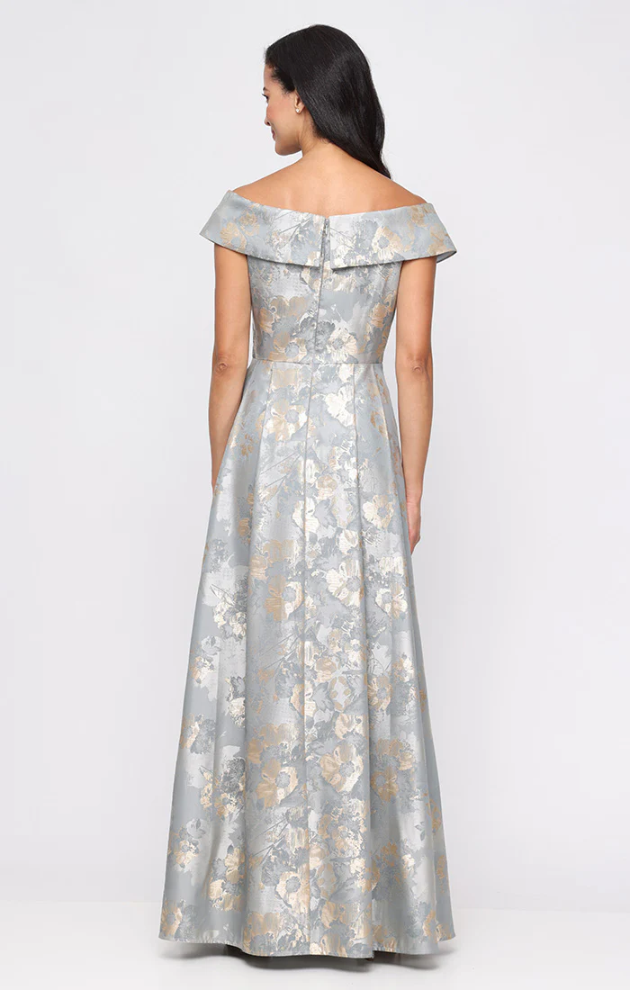 *Long Printed Jacquard Off the Shoulder Gown - Image 3