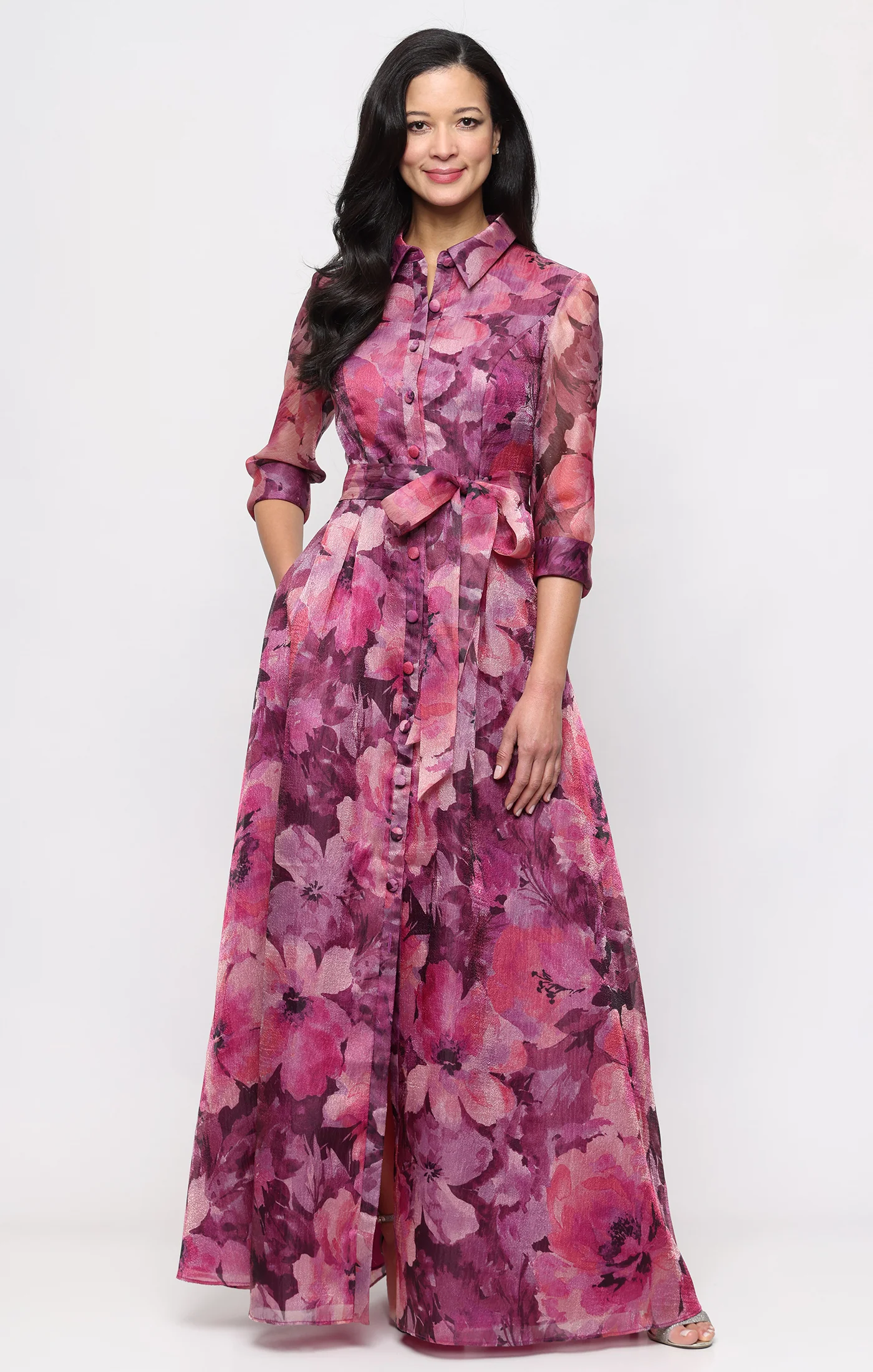 Petite Long Printed Organza Ballgown with Tie Waist