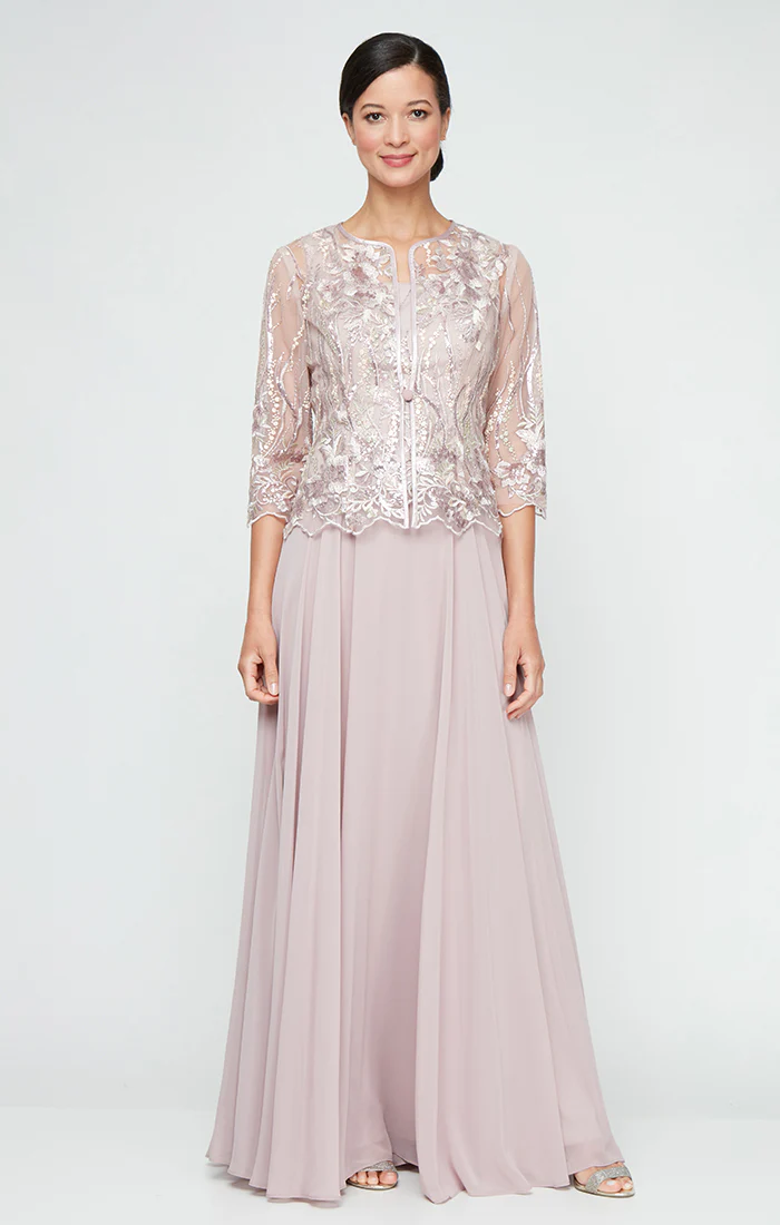 Petite Sequin Embroidered Jacket Dress with Full Chiffon Skirt
