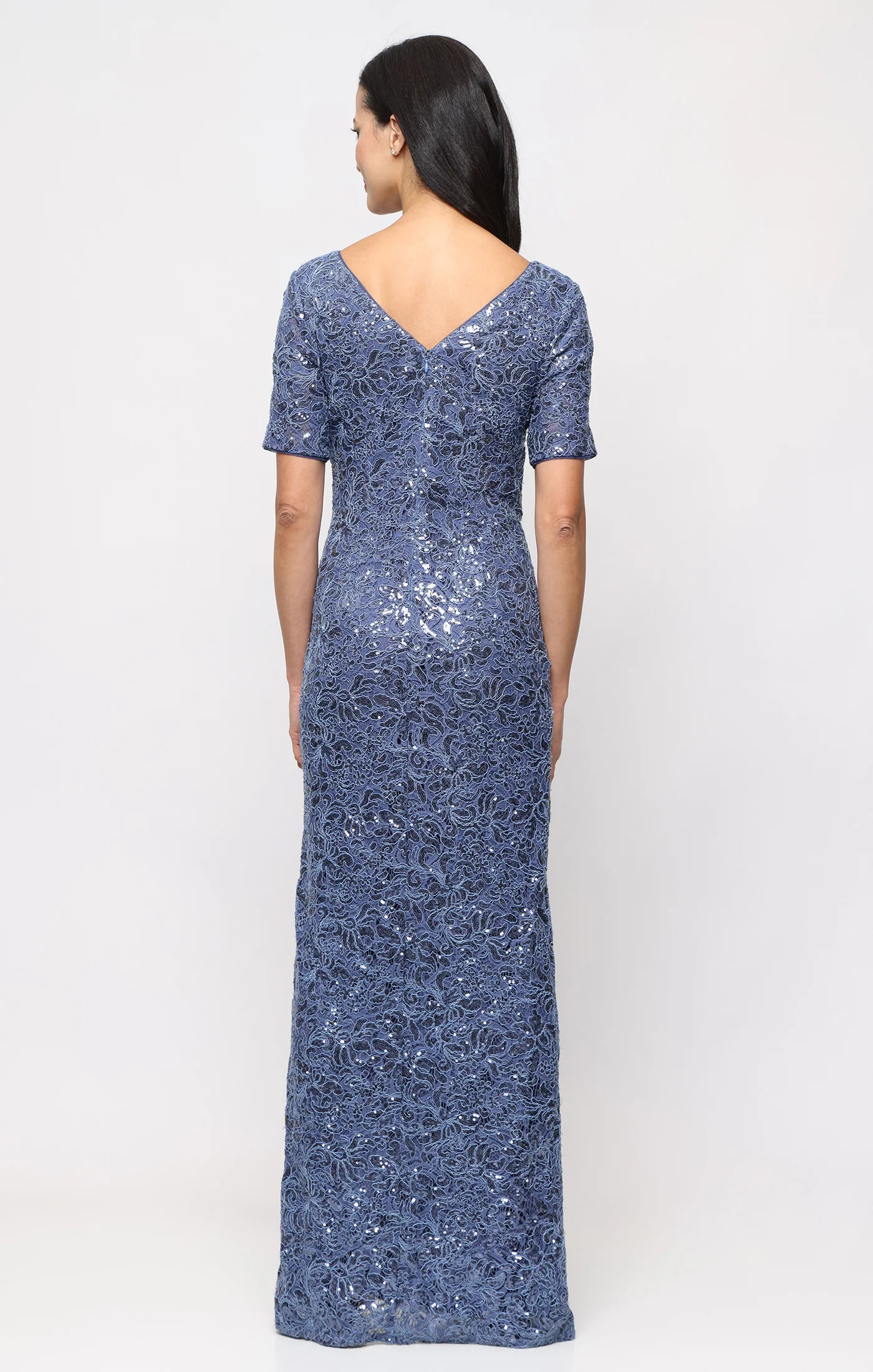 Long Sequin Lace Dress with V-Neckline - Image 3