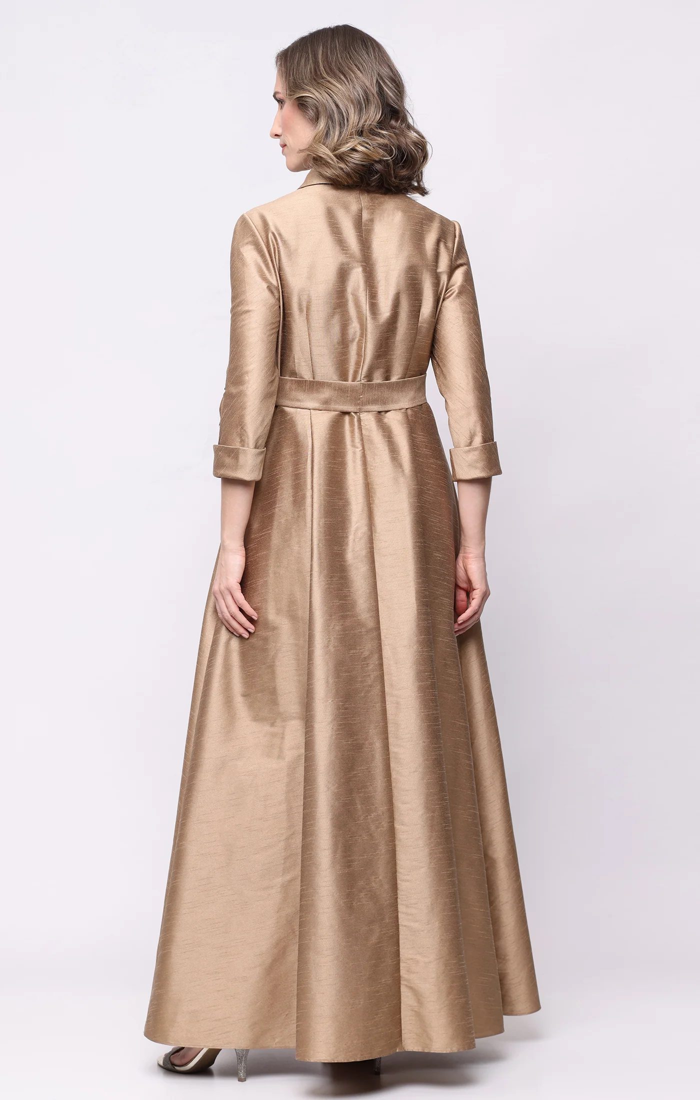 Long Shantung A-Line Dress with Tie Waist - Image 3