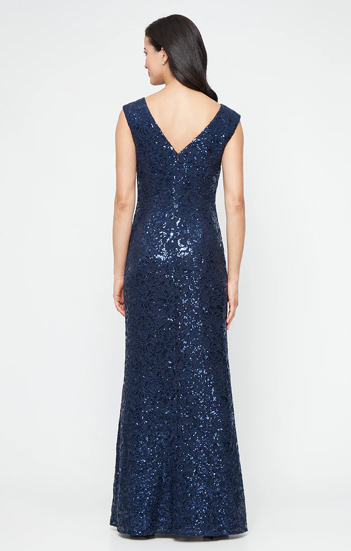 *Long Sleeveless Corded Lace Dress with with Cascade Ruffle Detail and Front Slit - Image 3