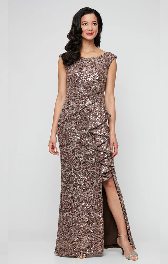 *Long Sleeveless Corded Lace Dress with with Cascade Ruffle Detail and Front Slit - Image 5