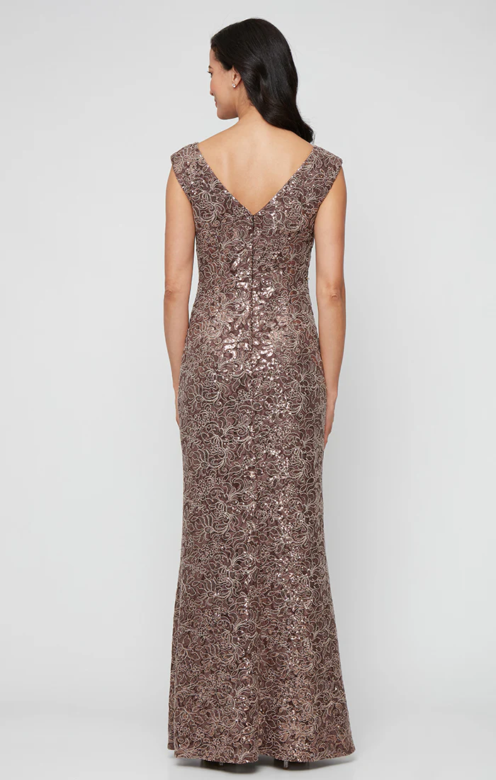 *Long Sleeveless Corded Lace Dress with with Cascade Ruffle Detail and Front Slit - Image 7